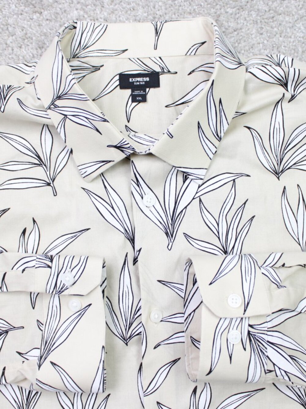 Express Shirt Mens 2XL XXL Beige Floral Slim 1MX Cotton Stretch Long Sleeve